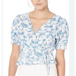 Mango Blouse Womens 2 Blue White Floral Toile Print Cuqui Wrap Over Puff Sleeve
